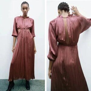 Zara Satin Effect Cutout Midi Dress in Plum